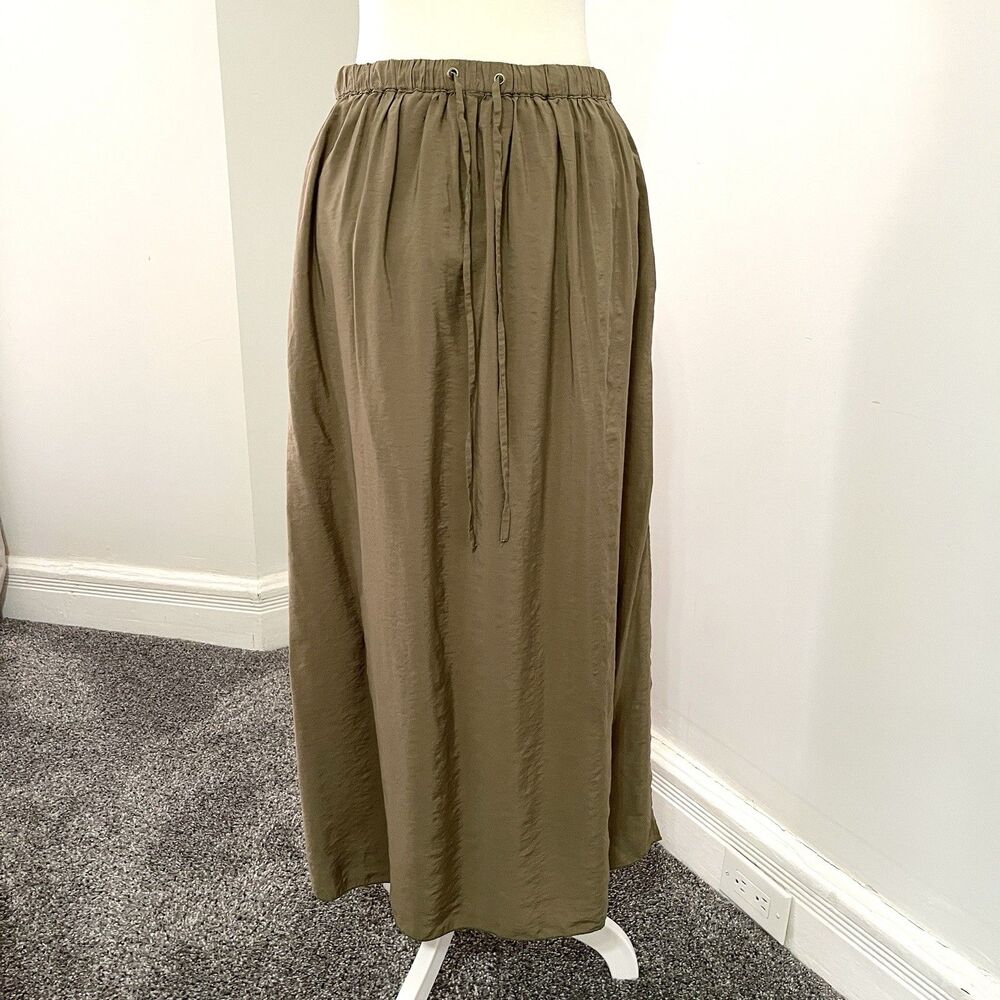 J Crew Maxi Skirt Size Small Green Crinkle 1/2 Lined Elastic Drawstring Waist